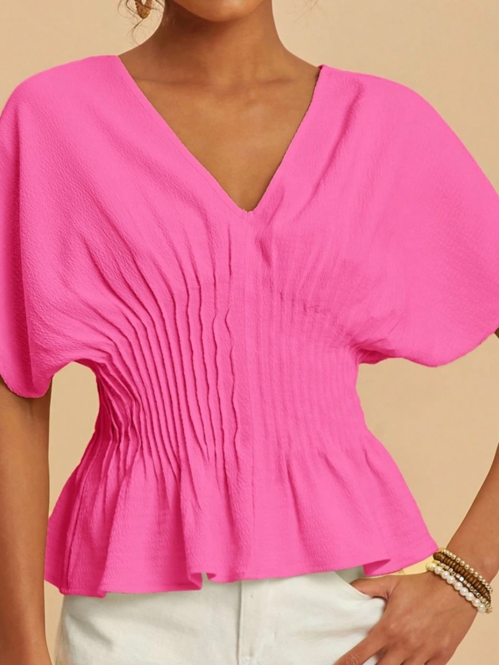 Solid V neck Pleated Batwing Sleeve Cotton Top - Picture 4 of 10